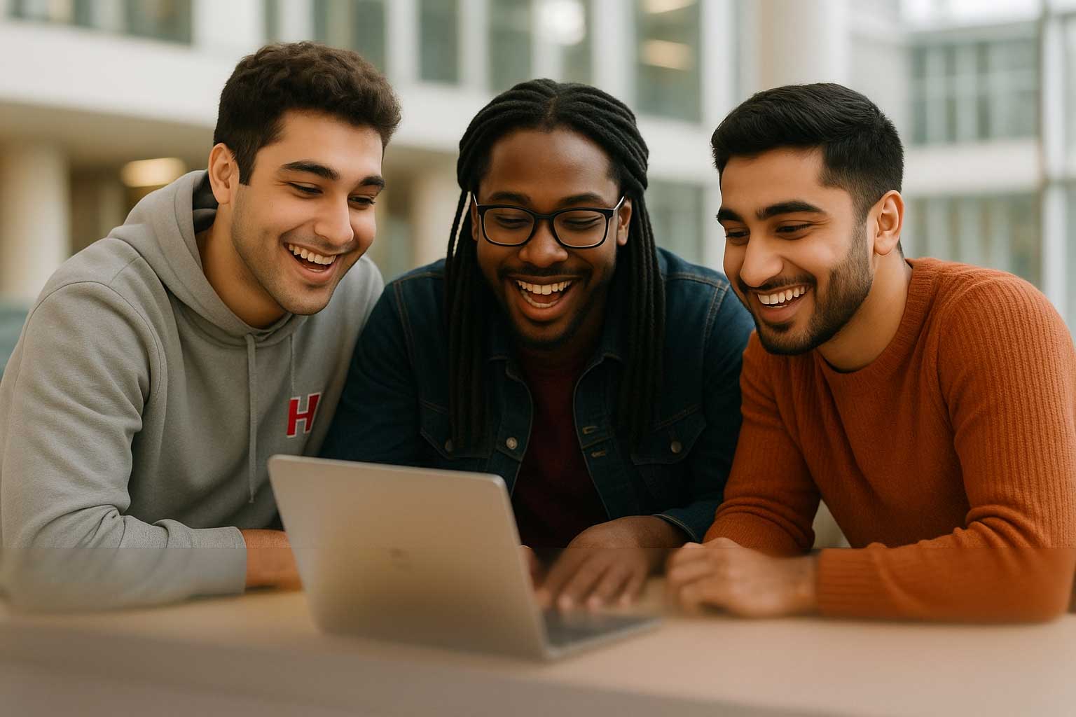Three post-secondary students studying together at a laptop